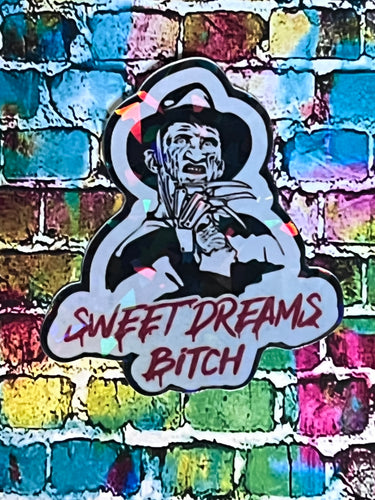 Freddy Kruger Sweet Dreams Holographic Sticker. Cracked Ice Overlay. Water Proof and UV Resistant