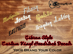 Custom Gibson Style Font Vinyl Headstock Decals. Your Brand. Your Name. Set of 3